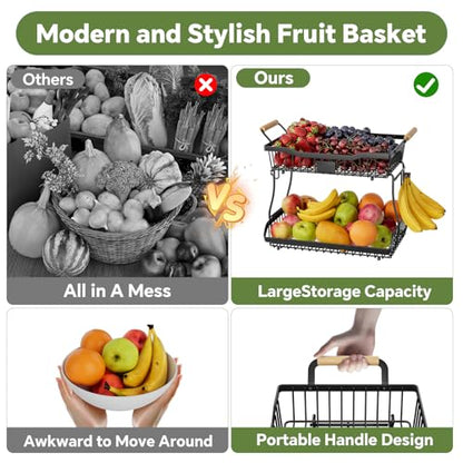 Simple Trending Fruit Basket 2-Tier Detachable, with Banana Hangers & Rust-Proof Metal Mesh, Ventilated Kitchen Organizer for Countertop, Perfect for Fruits, Vegetables, Snacks Storage - style: Fruit Bowl Black-Hanger