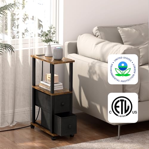 TUTOTAK Small Narrow End Tables, Side Tables with 2 Fabric Drawers, Set of 2, Bedside Tables with Charging Station for Small Spaces, Slim Nightstands with USB Ports and Wheels, TB01BB053 - color: Brown, style: with Outlets