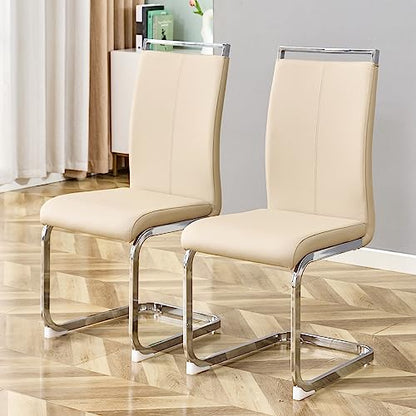 Baysitone Modern Dining Chairs Set of 2, Side & Kitchen Chairs with Silver Frame, Faux Leather Padded Seat High Back, for Dining, Kitchen & Living Room - Beige - color: Beige, size: Set of 2