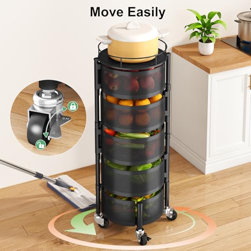 SAYZH Fruit Vegetable Basket for Kitchen, Rotating Storage Rack, 5 Tier Rolling Cart with top lid, Large Metal Wire Wheels, Black - color: Black