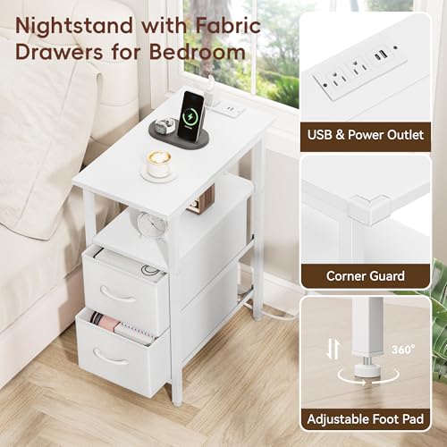 Vagusicc Set of 2 White Nightstand with Charging Station and LED Lights, Narrow Side Table, LED Night Stand with 2 Fabric Drawers, Bedside Table Small End Table, Tall Nightstand for Bedroom, White - color: White, size: 2, style: With LEDs