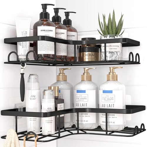 Sakugi Corner Shower Caddy - 2 Pack, Adhesive Shower Organizers, Rustproof Stainless Steel Shower Shelves with 8 Hooks, No Drilling Bathroom Organizers and Storage Racks, Space-Saving, Black, Large - color: Black, size: Large