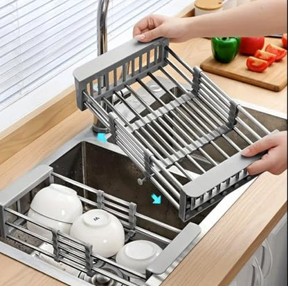 Adjustable Dish Drying Rack with Stainless Steel Drain Basket Over-The-Sink - Portable & Telescopic Space-Saving Solution for Fruit Vegetable