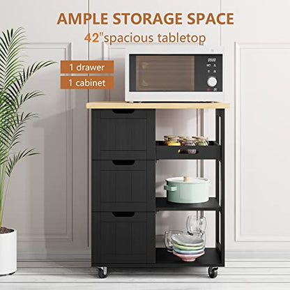 SUNLEI Kitchen Island with Storage Cart Rolling Coffee Small Butcher Block Table Microwave with 3 Drawers on Wheels Station Portable Mobile Narrow Moveable Utility Counter Wood Top Spaces Bar Food - size: 26.6 INCH, style: Black