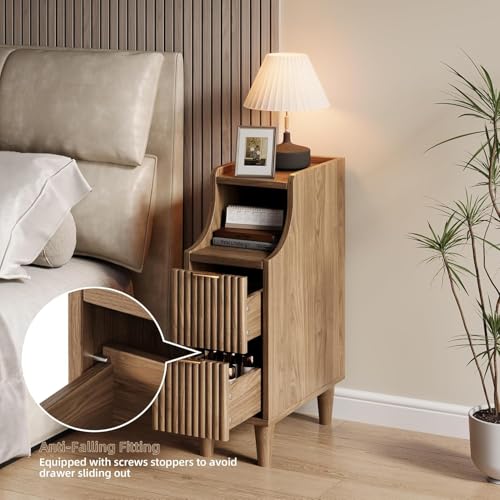 7.9" Narrow Fluted Nightstand Set of 2,Slim Side End Table with 2 Drawers,Black Modern Bedside Table,Skinny Night Stand for Small/Compact Space, Motorhome (Walnut) - color: Walnut