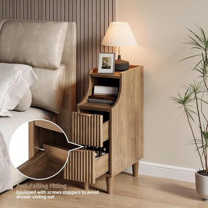 7.9" Narrow Fluted Nightstand Set of 2,Slim Side End Table with 2 Drawers,Black Modern Bedside Table,Skinny Night Stand for Small/Compact Space, Motorhome (Walnut) - color: Walnut