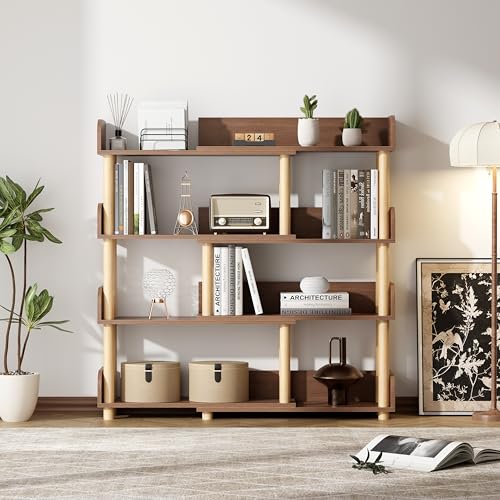 4 Tier Retractable Rotatable Bookcases, Wooden Corner Book Shelf, Storage Rack for CDs,Movies,Books, Rustic Brown Bookcase, Utility Organizer Shelves for Living Room Home Office