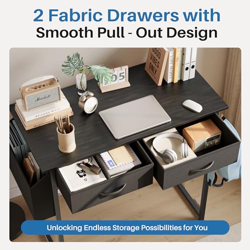 OLIXIS 32 Inch Small Desk, Gaming Computer Desk, Side Bag | Fabric Drawers, Headphone Hook, Home Office, Work Table, Writing Study, Bedroom, Black - color: Black, size: 32 in