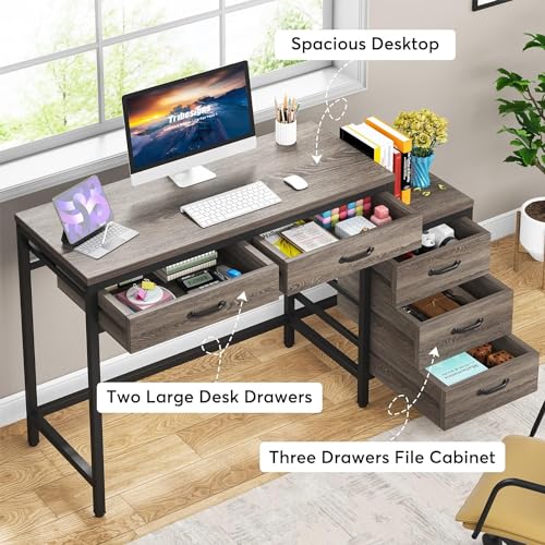 Tribesigns Computer Desk with 5 Drawers, Home Office Desks with Reversible Drawer Cabinet Printer Stand, Industrial PC Desk with Storage, Grey Study Writing Table Workstation for Small Spaces - color: Grey