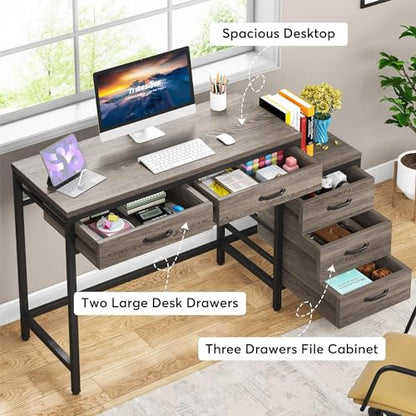 Tribesigns Computer Desk with 5 Drawers, Home Office Desks with Reversible Drawer Cabinet Printer Stand, Industrial PC Desk with Storage, Grey Study Writing Table Workstation for Small Spaces - color: Grey