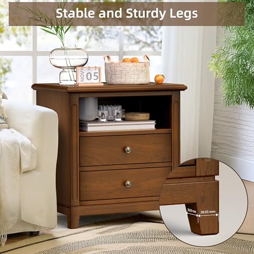 Farmhouse Nightstand with Charging Station, Solid Wood End Table with 2 Large Drawers & Open Shelf, Bedside Table with USB Ports and Outlets, Rustic Wood for Bedroom - color: Walnut