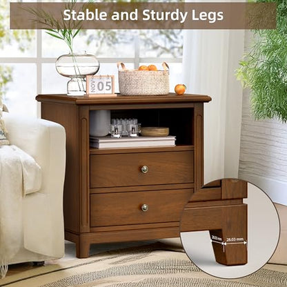 Farmhouse Nightstand with Charging Station, Solid Wood End Table with 2 Large Drawers & Open Shelf, Bedside Table with USB Ports and Outlets, Rustic Wood for Bedroom - color: Walnut