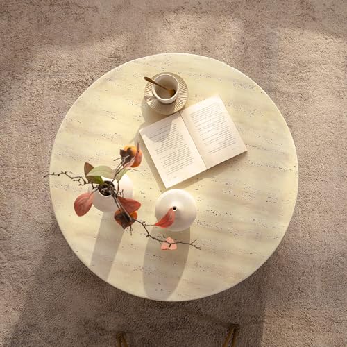 Round Marble Coffee Table 31.5" Faux Stone Coffee Table for Living Room, Modern Travertine Center Table, Magnesium Oxide, No Assembly, Beige - color: Faux Stone-arched Deco-beige