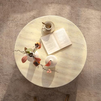 Round Marble Coffee Table 31.5" Faux Stone Coffee Table for Living Room, Modern Travertine Center Table, Magnesium Oxide, No Assembly, Beige - color: Faux Stone-arched Deco-beige