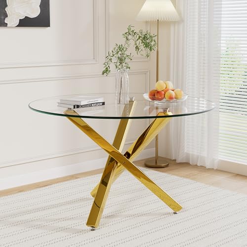 Round Glass Dining Room Table for 2 to 4 Person Modern Tempered Glass Top, Sturdy Chrome Legs, Adjustable Foot Pads, Kitchen Table for Living Room, Dining Room, Tea, Home, 39.37 Inch, Square Gold Base - color: Square Gold Base, size: 39.37 Inch