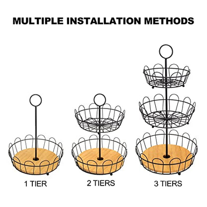 HANZE 3-Tier Farmhouse Fruit Basket Stand, Wire Fruit Vegetables Countertop Storage Rack, Multifunctional Detachable Bread Snack Holder Bowl for Kitchen and Bathroom Organization - Black - color: 3-Tier(Black)