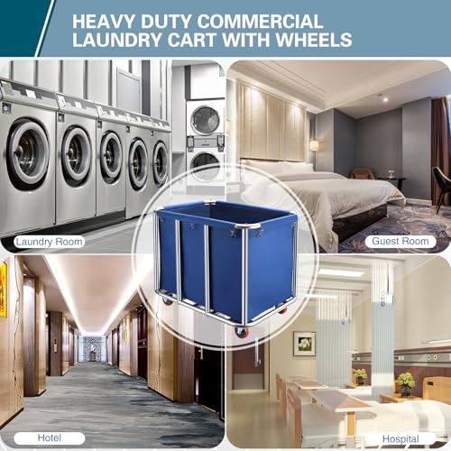 Commercial Laundry Cart with Wheels,400L Large Commercial Laundry Hamper,Commercial Laundry Basket with Sturdy Stainless Steel Frame and Oxford Bag for Home Hotel Hospital 440 lbs (Blue) - color: Blue