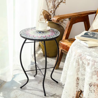 VCUTEKA Outdoor Side Table Mosaic End Table Patio Side Table Small End Tables Glass Top Round Balcony Coffee Porch Indoor Glass Top Flower 14'' - color: Flower