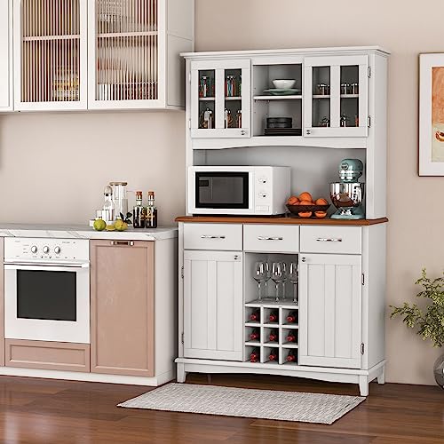PETSITE Kitchen Pantry Storage Cabinet, Freestanding Microwave Cupboard with Tempered Glass Cabinet, Wine Rack, Adjustable Shelves, Buffet with Hutch for Living Room, Dining Room, White
