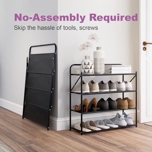 4 Tier No-Assembly Shoe Rack, Foldable Shoes Rack Organizer Without Installation, Portable Solid Metal Shoe Shelves for Closet, Entryway, Front Door Entrance - size: 4 Tier