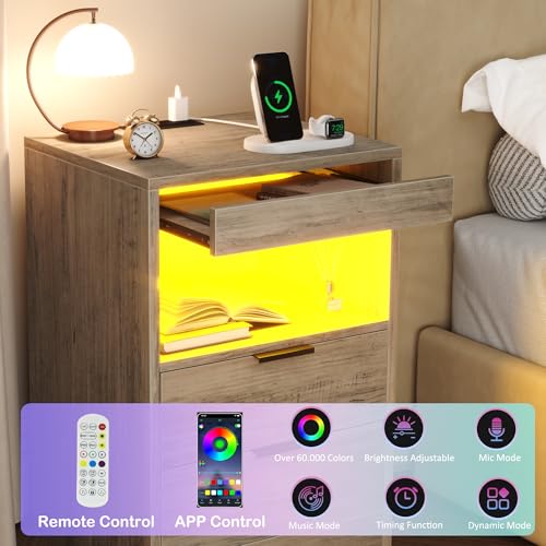 Gadroad LED Nightstand with Charging Station, Bedside Table with USB Ports & Power Outlets, Modern Night Stand with Drawers for Bedroom Small Spaces, Grey - color: Grey