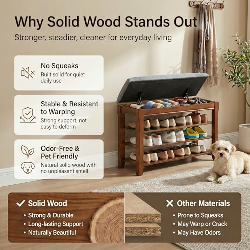 Solid Wood Shoe Bench with Storage, Flip-Top Soft-Close Lid, Adjustable Shelves, Cushioned Entryway Shoe Rack Organizer, 31.5” - size: 31.5"
