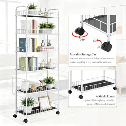 10in 6 Tier Slim Storage Cart with Wheels,White Narrow Space Rolling Shelving Unit, Metal Wire Mobile Organizer Rack for Kitchen Bathroom Office Laundry - size: 10in White