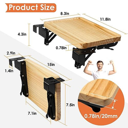 Foldable Bedside Shelf, Bunk Bed Tray for Side Raill, Wood & Steel | Folding bedside tray for 0.6"-2.36" rails, No drilling, 40LBS, Space saver for dorms