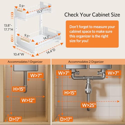 Delamu Under Sink Organizer 2 Pack, Pull Out Cabinet Organizer for Kitchen Sink, 2 Tier Metal Slide Out Shelf Caddy for Bathroom Storage, 5 Adjustable Heights for Pantry & Laundry Room, White