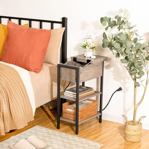 HOOBRO Side Table, Flip End Table with Charging Station and Shelves, USB Ports & Power Outlets, Narrow Nightstand for Small Spaces, Living Room, Stable and Sturdy, Greige and Black BG341BZ01 - color: Greige+black