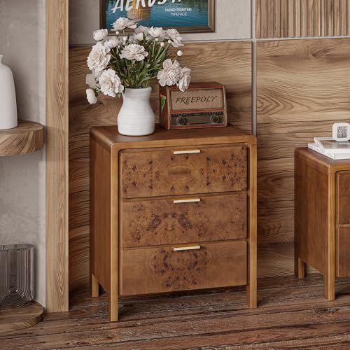COZAYH Farmhouse Nightstand with 3 Drawer, Distressed Wood Rustic Accent Dresser, Burl Finish Bedside Table for Bedroom, Entryway, Fully Assembled, Brown - color: Dark Brown, size: 3 Drawer-No USB