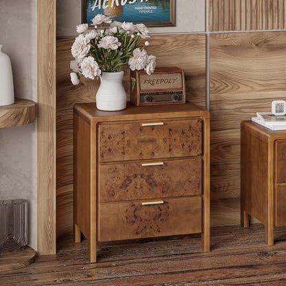 COZAYH Farmhouse Nightstand with 3 Drawer, Distressed Wood Rustic Accent Dresser, Burl Finish Bedside Table for Bedroom, Entryway, Fully Assembled, Brown - color: Dark Brown, size: 3 Drawer-No USB