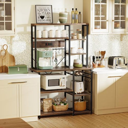 SUPERJARE Large Bakers Rack with Power Outlets, 6-Tier Microwave Stand, Coffee Bar with 12 S-Shaped Hooks, Kitchen Shelf with Wire Basket, 39.4 x 14.6 x 66.9 Inches, Rustic Brown - color: Rustic Brown, size: 39.4inch