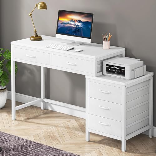 Tribesigns Computer Desk with 5 Drawers, Home Office Desks with Reversible Drawer Cabinet Printer Stand, Industrial PC Desk with Storage, White Study Writing Table Workstation for Small Spaces - color: White