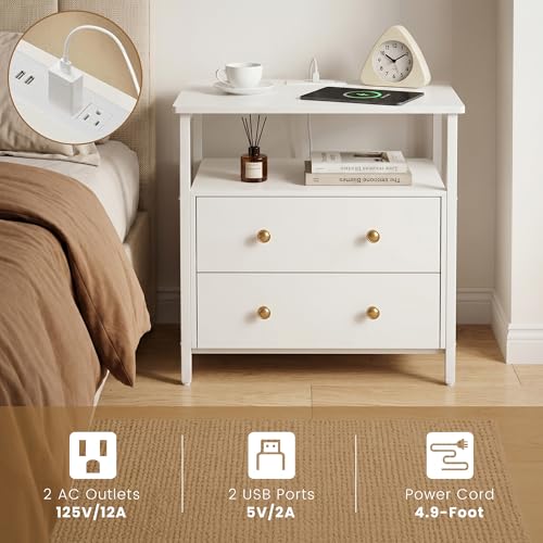 Edbuosy 27 inch Wide Night Stand with Charging Station, Bedside Table with Open Shelf, 2 Drawers Small Wood Dresser, Modern Wood Nightstand for Bedroom/Living Room, White - color: White, size: 27"W-2 Drawers