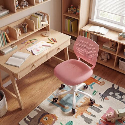 Costzon Kids Desk Chair, Armless Height Adjustable Kids Computer Chair w/Elastic Sponge Filling, Ergonomic Backrest & Stable 5-Point Wheels, Children Rolling Swivel Chair for Studyroom (Pink) - color: Pink