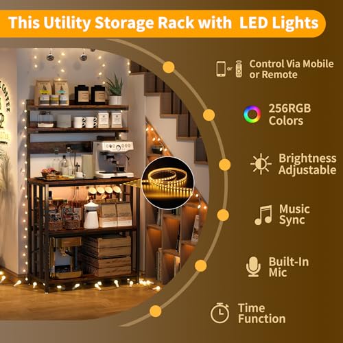METYERRY Adjustable Bakers Rack with Power Outlet,Coffee Bar Station with Led Lights,Microwave Stand with Storage,5-Tier Kitchen Shelf,Kitchen Storage Rack for Spices, Pots and Pans,Rustic Brown - color: Rustic