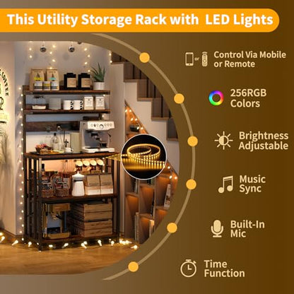 METYERRY Adjustable Bakers Rack with Power Outlet,Coffee Bar Station with Led Lights,Microwave Stand with Storage,5-Tier Kitchen Shelf,Kitchen Storage Rack for Spices, Pots and Pans,Rustic Brown - color: Rustic