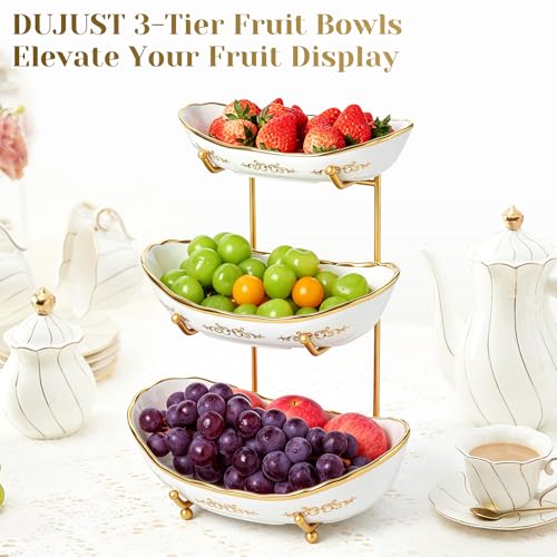 DUJUST 3 Tier Fruit Bowl, Elegant Ceramic Fruit Stand with Gold Scrollwork, Stackable & Easy to Store, Multifunctional Serving Tray for Fruit/Vegetables/Snacks - White Gold - color: 3-Tier White Gold