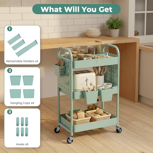 danpinera Rolling Cart, Movable Utility Organizer with Retractable Dividers & Pegboards for Kitchen, Bathroom, Office - color: Green