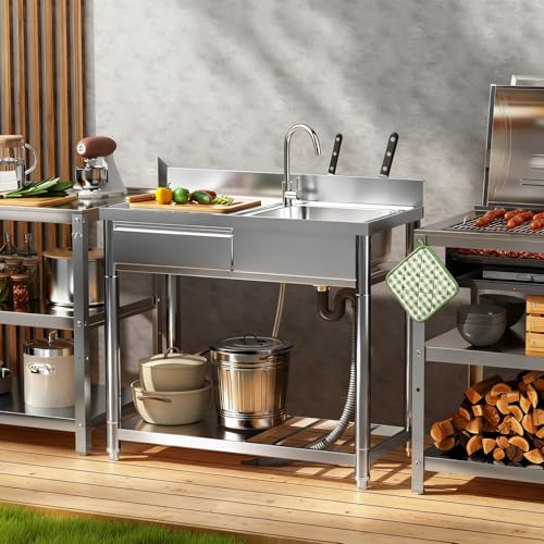 304 Stainless Steel Outdoor Utility Sink with Workbench & Storage Shelf, Freestanding Prep Table with Left Drawer, 39" Garden Patio Sink Station with 360° Hot & Cold Water Faucet - size: 39.3" x20.3" x 35.1"