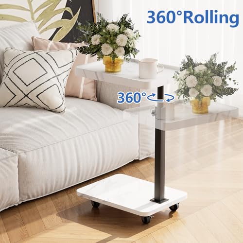 Adjustable Tv Trays for Eating on Couch That Slide Under,360° Swivel C Shaped End Sofa Side Snack Table with Wheels for Living Room and Bedroom, Bed,Chair, (White Marble+Black) - color: White Marble+black