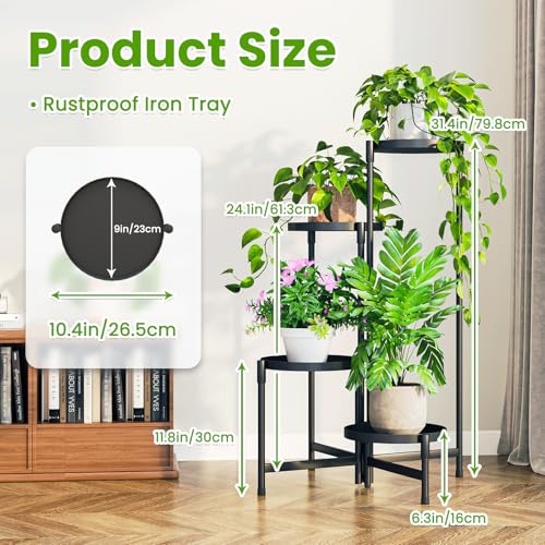 Plant Stand Indoor Outdoor, 4 Tier Corner Metal Flower Display Holder Shelf, Folding Tall Orchid Rack for Patio Balcony Porch Garden Living Room House, Black