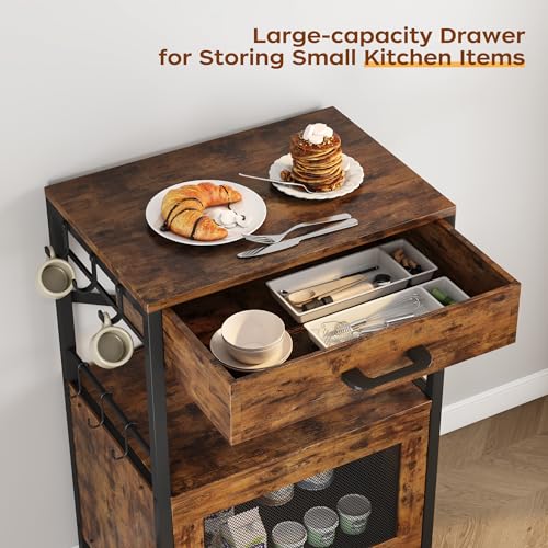 Homeiju Kitchen Island Cart, Kitchen Storage Cart with Drawer, Microwaves Stand, Coffee Cart, Rolling Kitchen Cabinet Cart with Hooks for Kitchen, Dining Room - color: Black and Brown