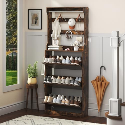 Shoe Cabinet for Entryway with 3 Flip Drawers, Brown Tall Wood Shoe Storage Cabinet with Coat Rack, Narrow Hidden Slim Freestanding Shoe Rack Organizer, 2 in 1 Hall Tree for Living Room, Hallway - color: Brown, size: 3 Drawers with Rack