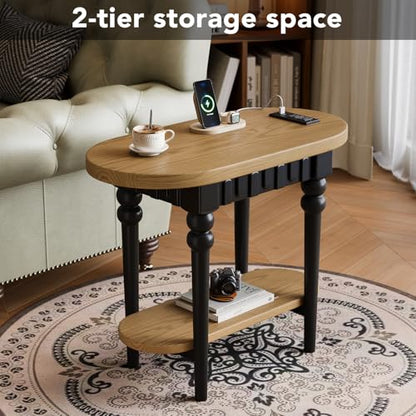 Oval End Table with Charging Station, 2-Tier Natural Wood Side Table with USB Ports & Power Outlets, for Living Room, Sofa, or Nightstand in Bedroom