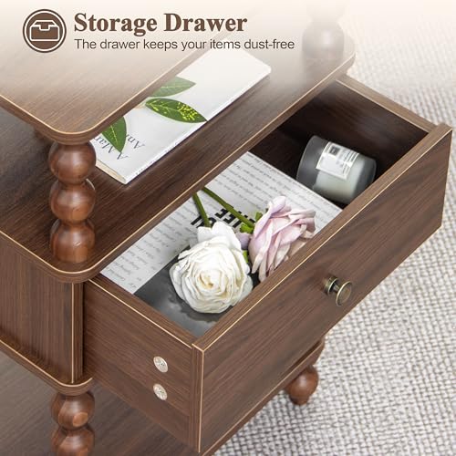 AWASEN Mid Century Modern Nightstand, Bedside Table with Storage, 3-Tier Small Night Stand End Table with Drawer for Bedroom &Solid Wood Spindle Legs, Walnut Brown - color: Walnut Brown