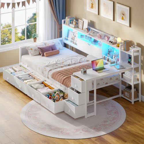 ADORNEVE Twin Corner Bed Frame with 7 Drawers, Desk & Bookcase Storage, Metal Platform Daybed with Charging Station and RGB Lights, for Kids Bedroom, No Box Spring Needed, White - color: White