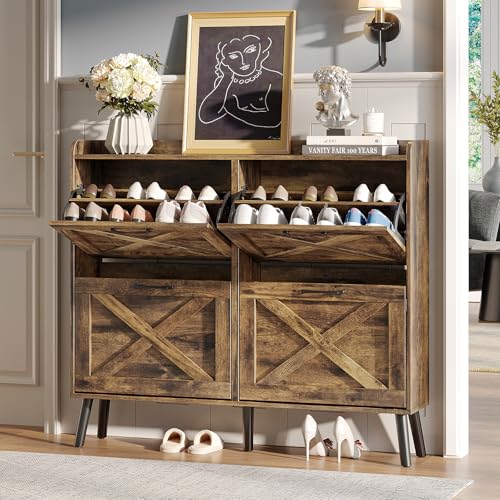 Maupvit Large Shoe Storage Cabinet with 4 Flip Drawers, Narrow Shoe Cabinet for Entryway with Wooden Legs, Freestanding Hidden Shoe Rack Organizer ＆ Metal Hinges, Rustic Brown - color: Rustic Brown, style: 4-Drawers