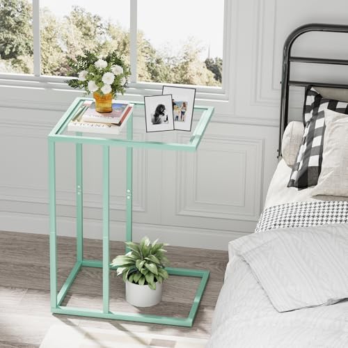Easy Paws C Shaped Table,Glass Side End Table for Sofa,Tempered Glass Snack Couch Dinner Tv Tray Table with Metal Frame,Small Bedside Nightstand Table for Small Space(Green) - color: Green